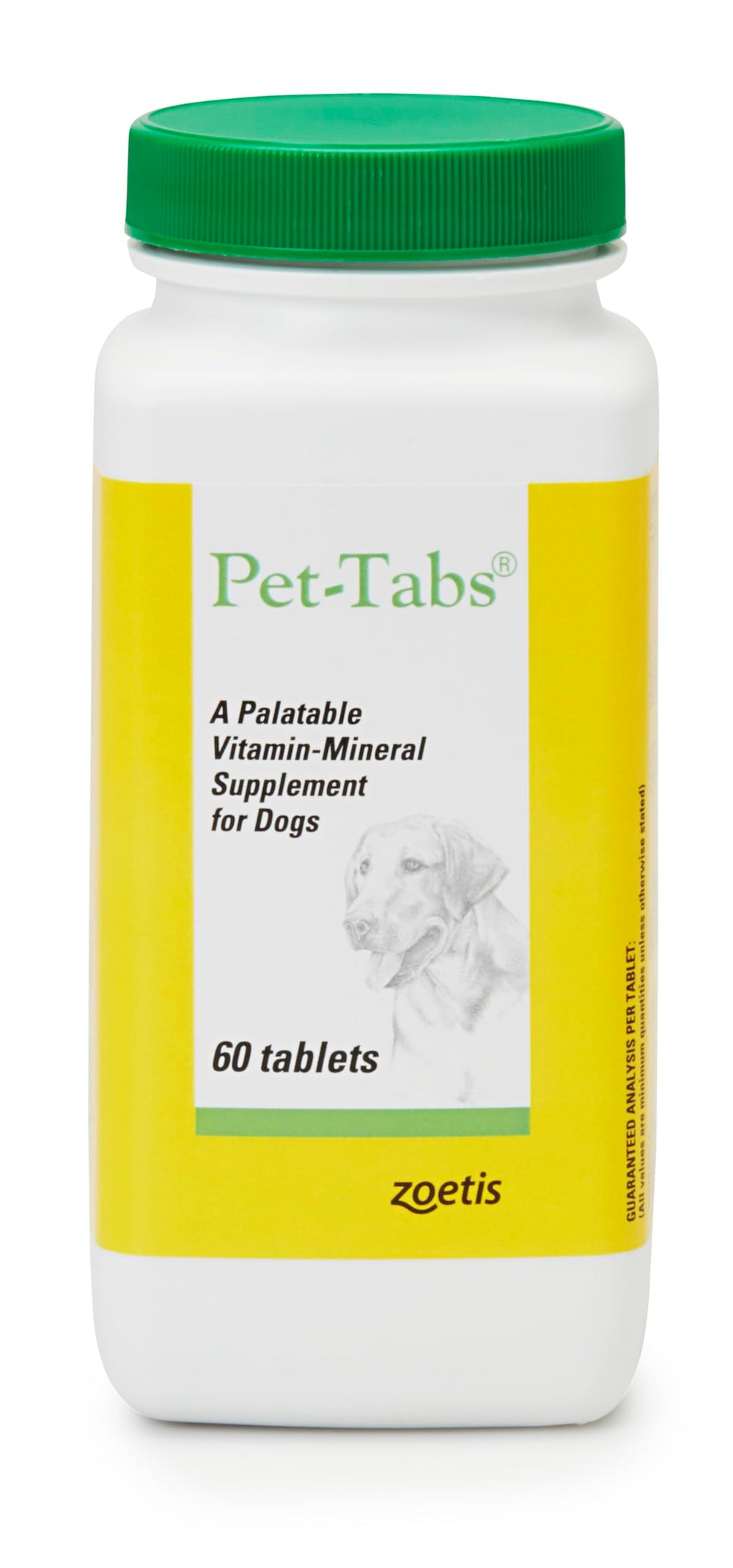 Pet-Tabs multivitamin dog bottle showing 60 chewable tablets for daily wellness