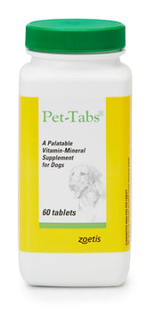 Pet-Tabs multivitamin dog bottle showing 60 chewable tablets for daily wellness