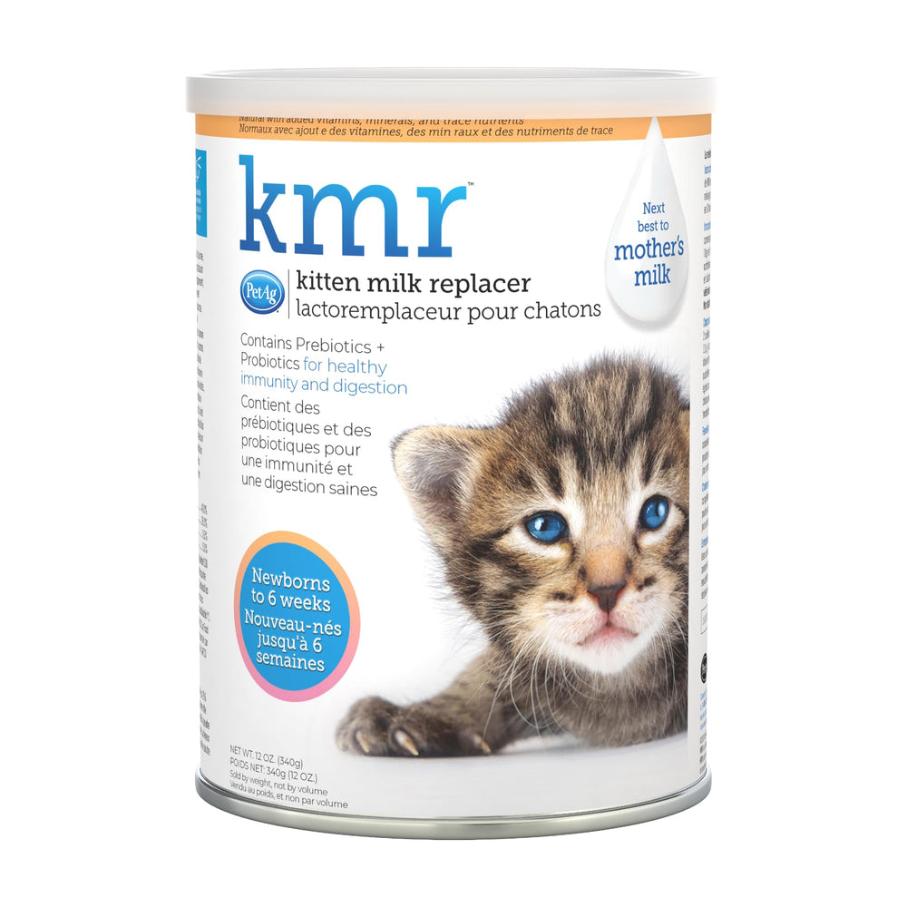 PetAg KMR 12oz packaging shows label and complete kitten nutrition.