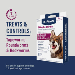 PetArmor 7 Way De-Wormer chewable tablets close-up emphasizes easy administration.