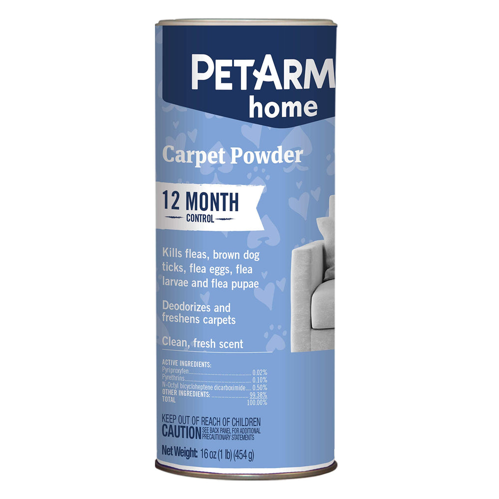 PetArmor Home Carpet Powder being sprinkled on carpet to target fleas and ticks.