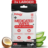 Petazy 2% Chlorhexidine wipes for dogs, front-pack showing large surface coverage for faster care.