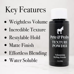 Pete & Pedro Texture Powder bottle and packaging shown for travel