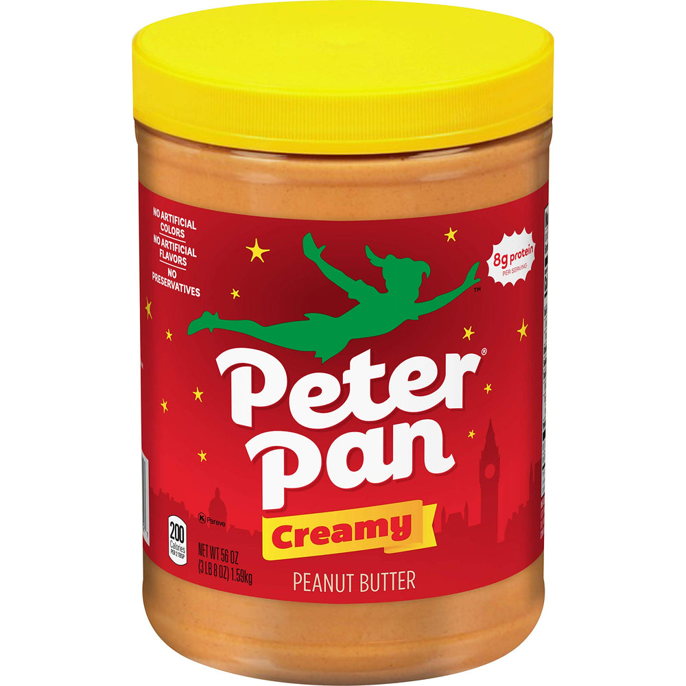 Peter Pan Creamy Peanut Butter in a 56 oz jar, smooth for easy spreading