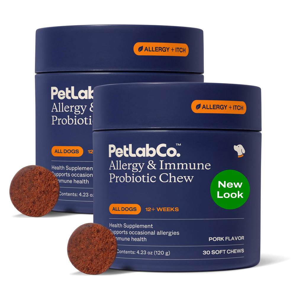 PetLab Co. Allergy & Immune Probiotics packaging highlights quality and dosage for seasonal support.