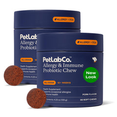 PetLab Co. Allergy & Immune Probiotics packaging highlights quality and dosage for seasonal support.