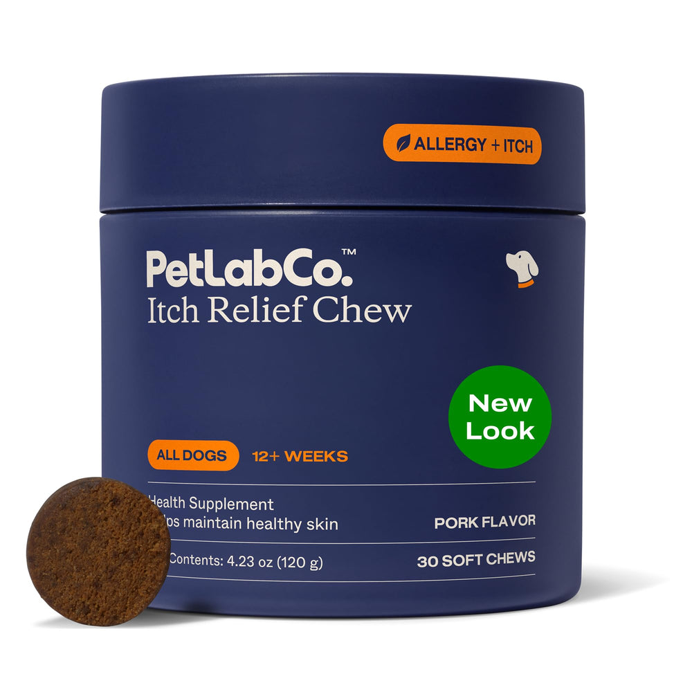 PetLab Co Itch Relief Chews bottle front for easy daily serving.