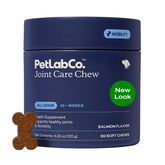 PetLab Co Joint Care Chews salmon flavor bottle offers tasty mobility support for dogs.