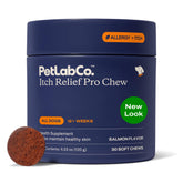 PetLab Co Salmon Itch Relief Chew packaging shows USA-made formula and seasonal comfort.
