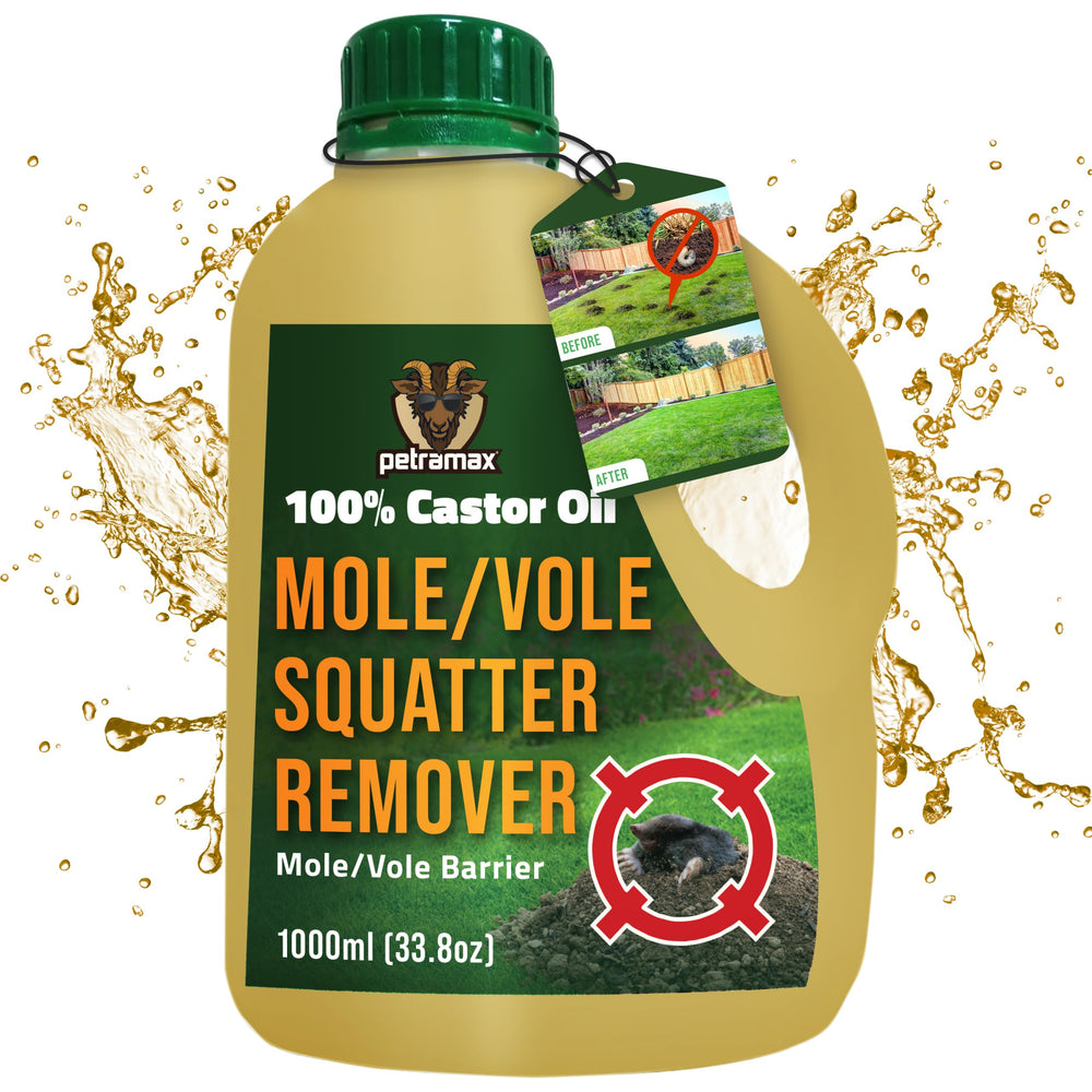 PetraMax Castor Oil Mole Repellent bottle for pet-safe lawn protection.