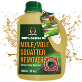 PetraMax Castor Oil Mole Repellent bottle for pet-safe lawn protection.