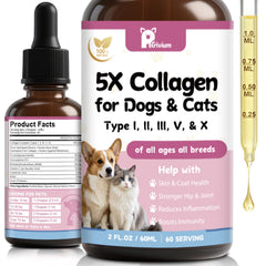 Petrivium collagen bottle with liquid drops for dogs and cats, supporting skin and joints.