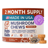 Pets Are Kids Too turkey tail mushroom chews bottle promoting daily dog wellness.