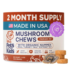 Pets Are Kids Too turkey tail mushroom chews bottle promoting daily dog wellness.