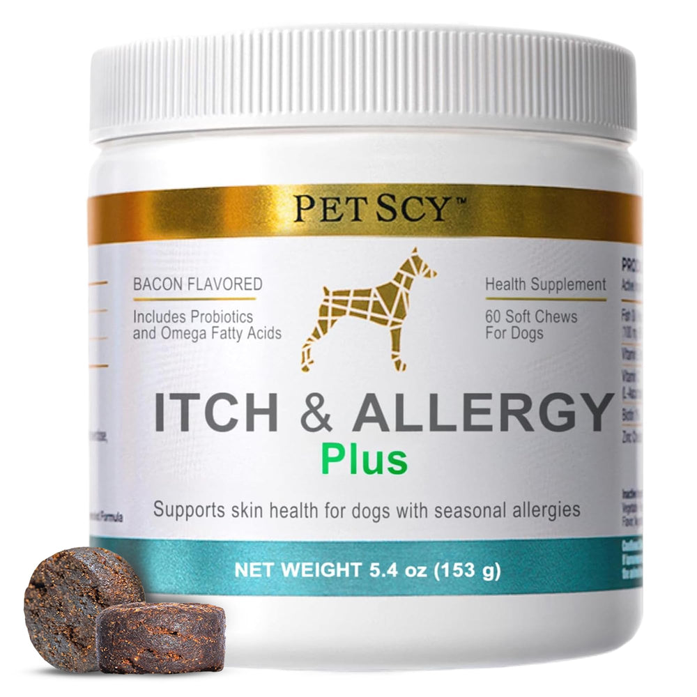 Petscy Itch & Allergy Plus dog chews packaging highlights bacon flavor and easy daily dosage.