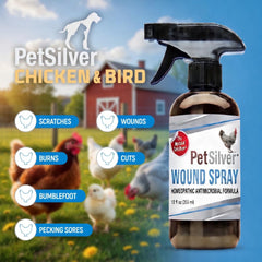 PetSilver Chicken Wound Spray application distance shows coverage up to six feet.