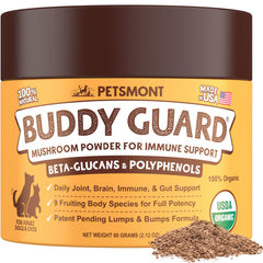 Petsmont Buddy Guard bottle closeup highlights the mushroom blend for immune support.