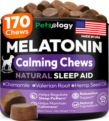 Petsology Advanced Melatonin for Dogs chews bottle offers calming sleep support for dogs.