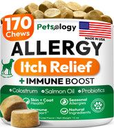 Petsology Dog Allergy Relief Chews bottle shows omega-3 benefits for itchy skin.
