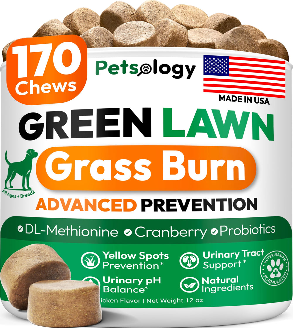 Petsology dog urine neutralizer bottle on lawn aimed at greener grass