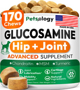 Petsology glucosamine dog chews bottle front for joint mobility support