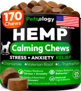 Petsology Hemp Calming Chews bottle label promoting relaxation during stressful events