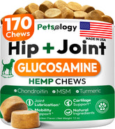 Petsology hemp-hip-joint bottle closeup showing mobility support for dogs