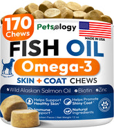 Petsology Omega 3 Fish Oil for Dogs packaging showing label for skin and coat.