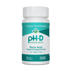 pH-D Feminine Health Support boric acid suppositories 600 mg box shows 36-count package for vaginal odor support