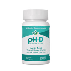 pH-D Feminine Health Support boric acid suppositories box front for easy identification and trust