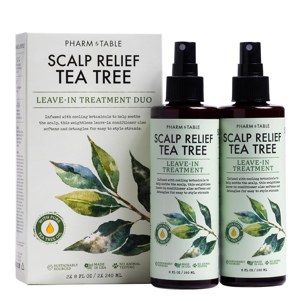PHARM TO TABLE leave-in tea tree spray bottle for scalp care and hydration.