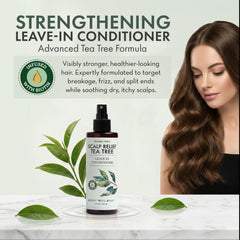 PHARM TO TABLE tea tree scalp treatment application aiding soothing relief and detangling.