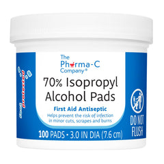 The Pharma-C Company 70% IPA pads in a jar with screw-top lid for mess-free storage.