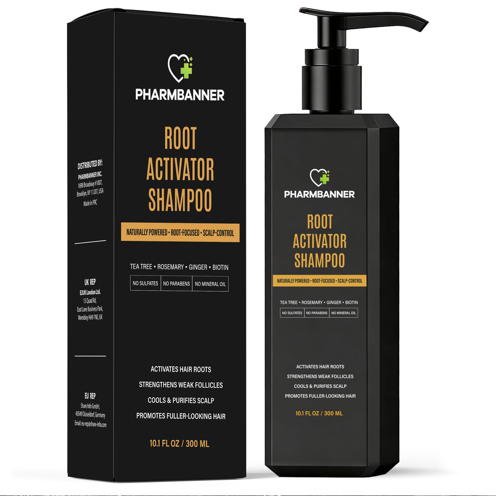 PHARMBANNER Root Activator Shampoo bottle offers a refreshing cleanse and scalp care.