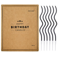 PHD CAKE black spiral 24-count candles on cake for elegant celebrations.