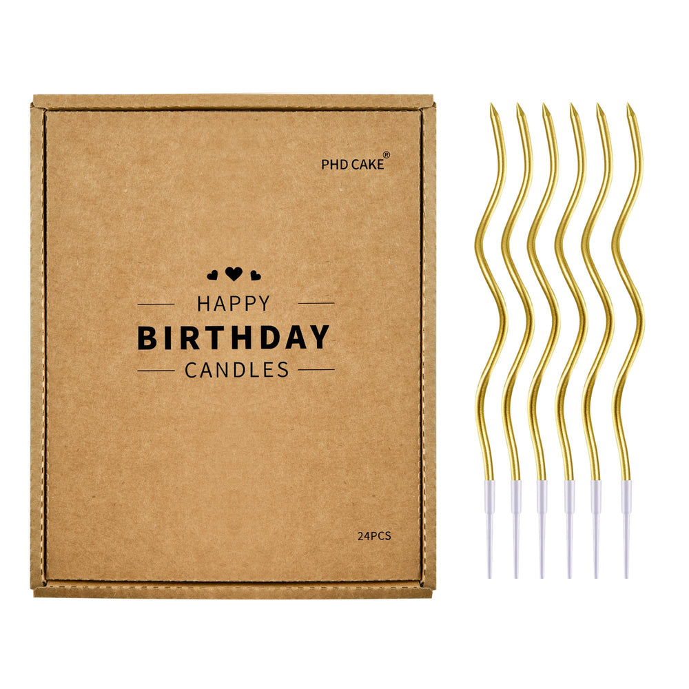 PhD CAKE 24-count gold spiral candles on a cake, ideal for celebratory occasions.