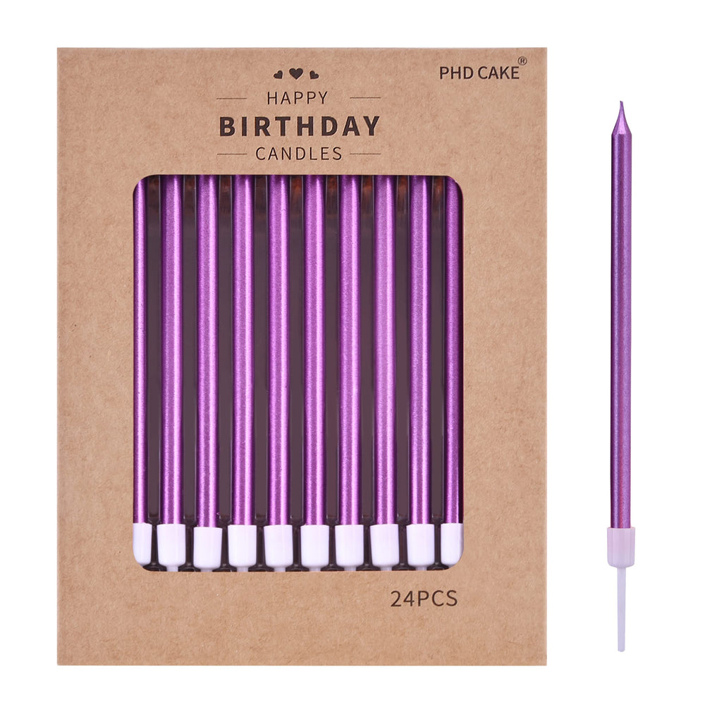 PHD CAKE purple long candles on cake create elegant celebration ambiance.