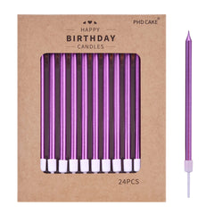 PHD CAKE purple long candles on cake create elegant celebration ambiance.