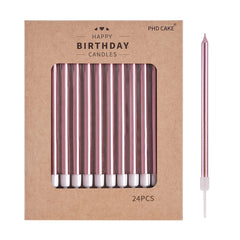 PHD CAKE rose-gold long-thin candle on cake, elevating birthday decor with elegant shimmer.