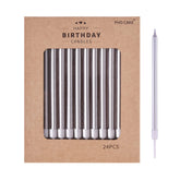 PHD CAKE silver long thin candles on a birthday cake for elegant ambiance