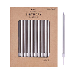 PHD CAKE silver long thin candles on a birthday cake for elegant ambiance