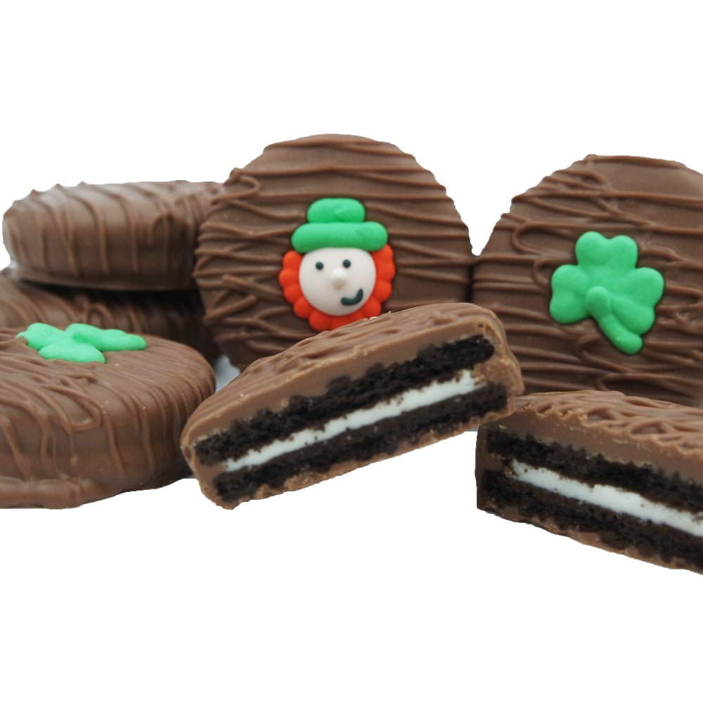 Philadelphia Candies leprechaun decorated sandwich cookie, festive St. Patrick's Day treat with milk chocolate.
