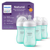 Philips Avent Natural bottle in teal 9oz 4-pack showing the no-drip design for clean feeds