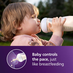 Philips Avent Natural bottle with wide nipple highlights breast-like shape for easy latch.