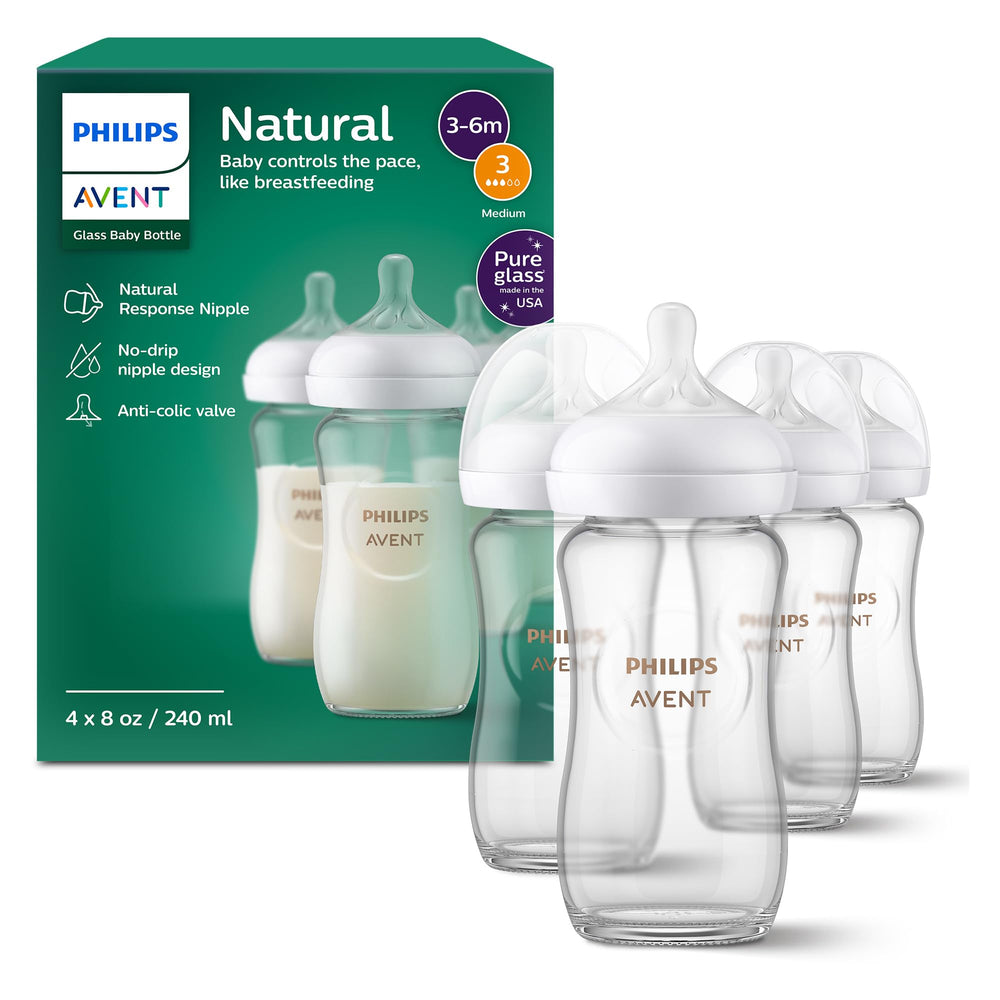 Philips Avent natural glass bottle pour shows no-spill design.