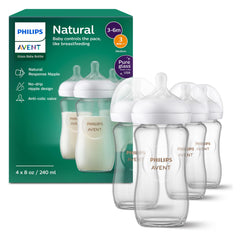 Philips Avent natural glass bottle pour shows no-spill design.