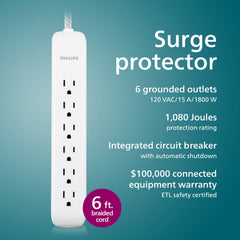 Philips six-foot braided cord provides flexible, tangle-free setup behind furniture.