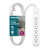 Philips surge protector with six outlets protects devices from surges and expands outlet reach.