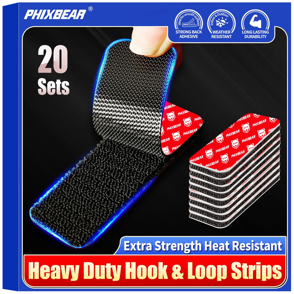 PHIXBEAR adhesive strips close-up showing strong grip for versatile mounting.