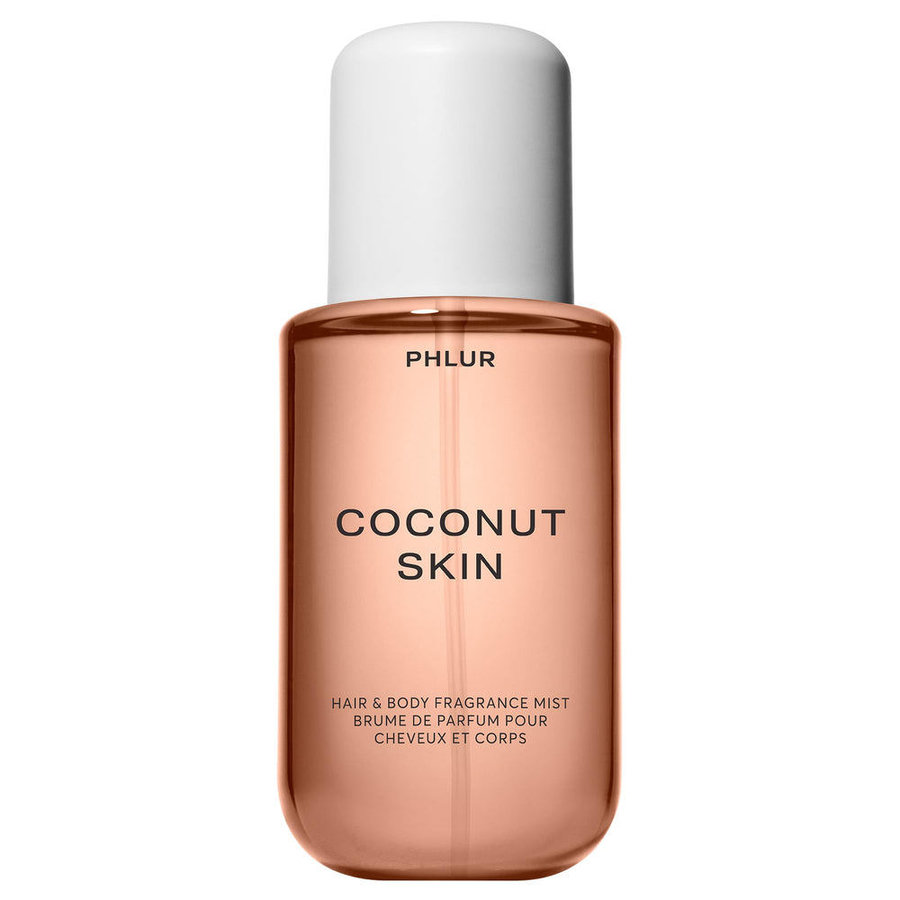 PHLUR Coconut Skin Body Mist bottle with tropical aroma for hair and skin.
